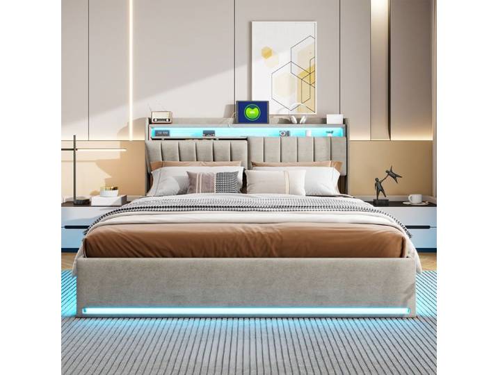 Lit 140 x 200 lit 140x200 avec sommier cadre de lit Lit coffre avec LED coffre hydraulique avec tete de lit gris velour