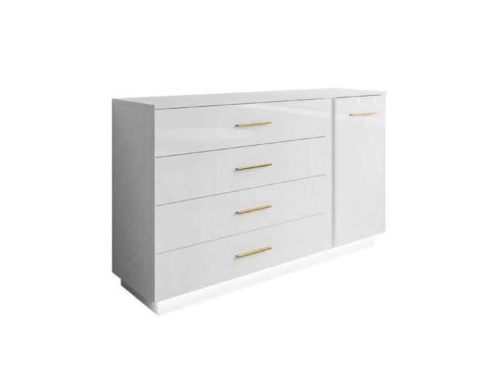 ALLHOUSE24 Kommode CALIA 138 cm mit LED, Sideboard weiß Hochglanz/weiß, gold Griffe (1 x Kommode), Breite 138 cm