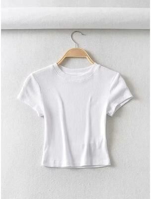 Uplifted Finds Womens Slim O Neck Short Sleeve Stretch Crop Top s white