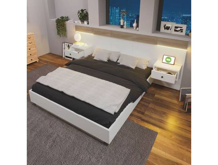 Lit Double 180x200cm Bois Chêne Sonoma&Blanc - 2 Tables De Chevet LED USB-C - Chambre Complète 205x284x9 CHAMBRE A COUCHER COMPLETE