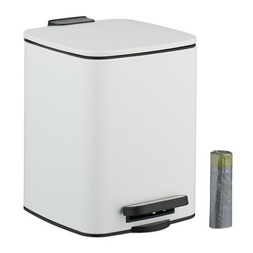 Relaxdays badkamer prullenbak met pedaal, 6 l, wit metaal, softclose en verwijderbare binnenemmer