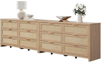 SICOTAS Set of 2 Elegant Right Angled Dresser with 6 Rattan Woven Drawers