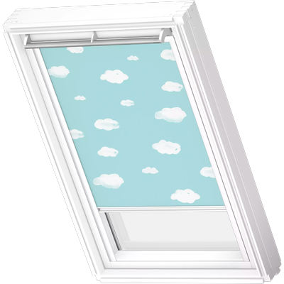 Verdunklungsrollo VELUX "DKL 4660SWL", blau (kids blauer himmel, weiß), U08, stufenlos positionierbar, Polyester, Rollos, Verdunklungsrollo, weiße Führungsschienen & Griffleiste