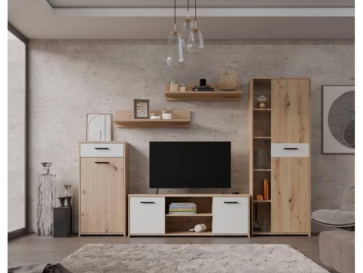 FORTE Wohnwand Pablo, (5-St), Wohnwand 5teilig, Stauraum, Funktionalität, Artisan Eiche/Weiss
