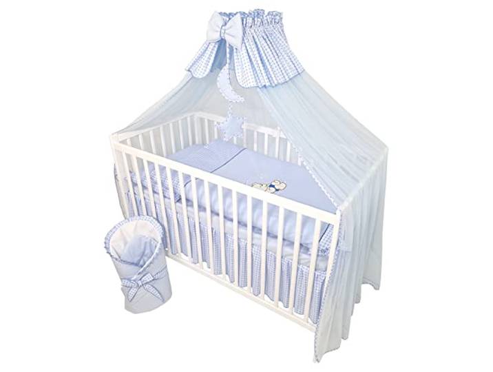 Bello24 - 13 Teiliges Babybett Kinderbett und Bettwäsche komplett Set Timmi inkl. Matratze höhenverstellbar für Neugeborene Babys und Kleinkinder aus Massivholz Bestickt (Teddybär Mond Blau)