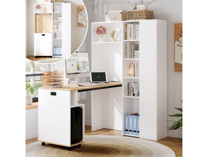 Bureau Pliant - Étagères Réglables en Hauteur - Design 2-en-1 gain de place - Prise Électrique et USB - Anti-Basculement - Blanc