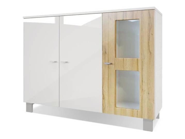 Vladon Buffet Armoire Denjo Corps en Blanc mat - Façades en Blanc haute brillance et Chêne Nature