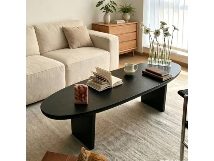Handgefertigter gebogener Couchtisch aus Massivholz ohne Furnier Couchtisch mit einzigartiger organischer Form, stabiler Massivholz-Basis, minimalistische Optik(Black-A,47.2x18.9in)