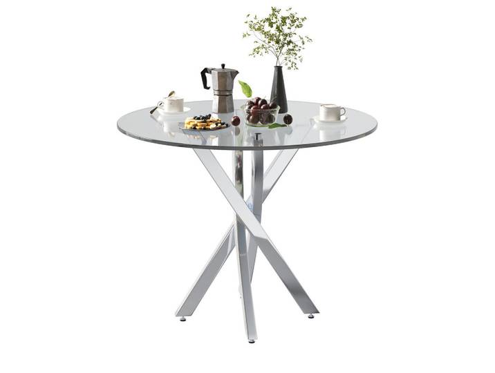 Okwish Esstisch 80/80/75 cm silber aus gehärtetem Glas mit galvanisierten Metallbeinen, Silberfarben, 80x75x80 cm, Esszimmer, Esstische