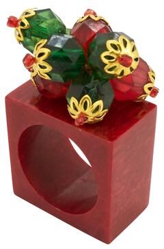 Saro Lifestyle Holly Jolly Square Beaded Napkin Ring (Set of 4) - Red