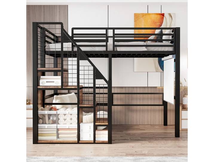 Lit mezzanine - KOMHTOM - 90x200 cm - Métal & MDF - Tringle vêtements - Bureau sous-lit