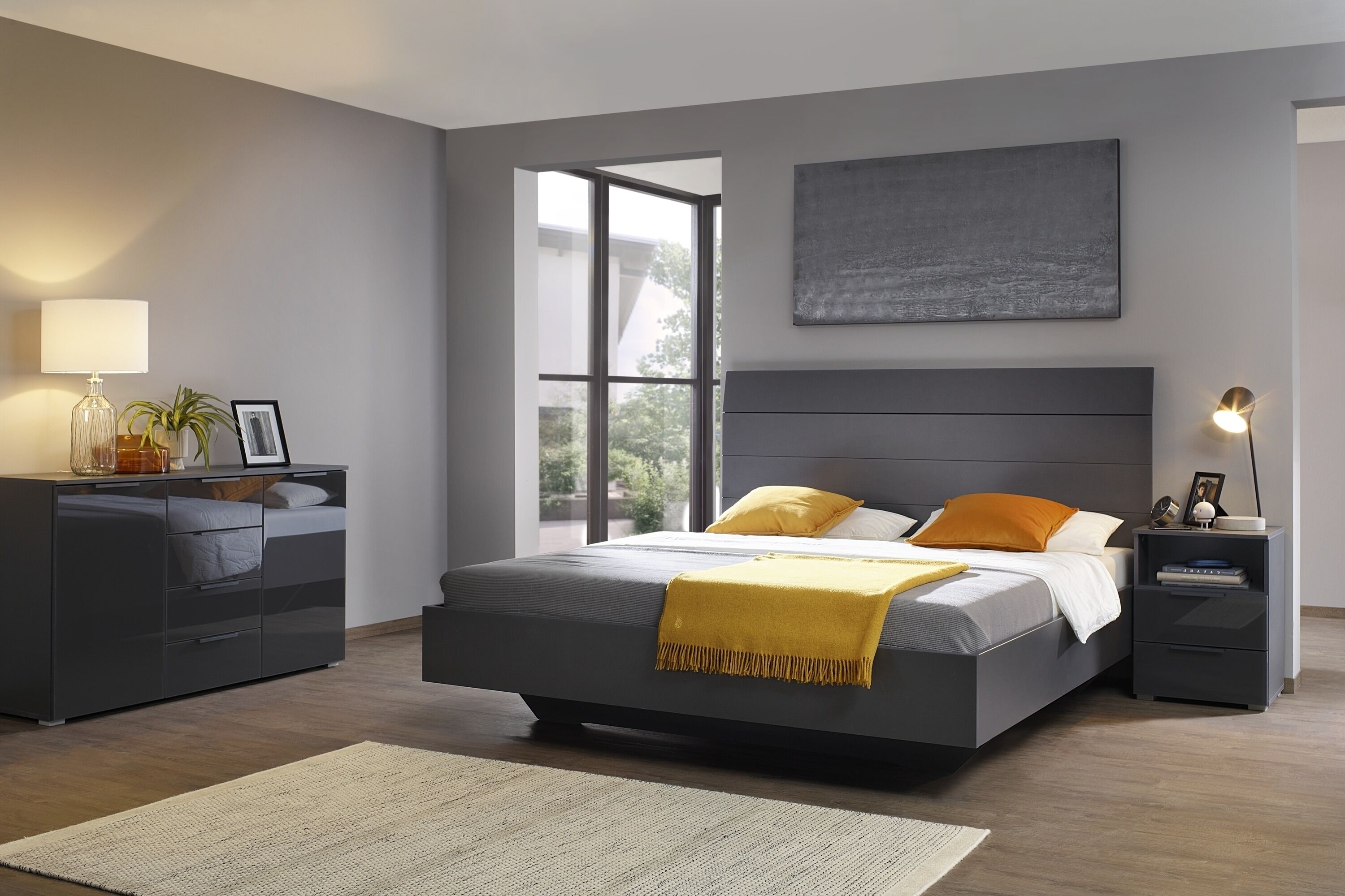 Futonbett GOODPRODUCT "Schlafzimmermöbel Schlafzimmer Einzelbett Doppelbett Holzbett KOLUNA", grau (graumetallic), B:185cm H:121cm L:209cm, Betten, Futonbett, mit hohem Kopfteil in Lattenoptik zum Anlehnen MADE IN GERMANY graumetallic Liegefläche Länge B: