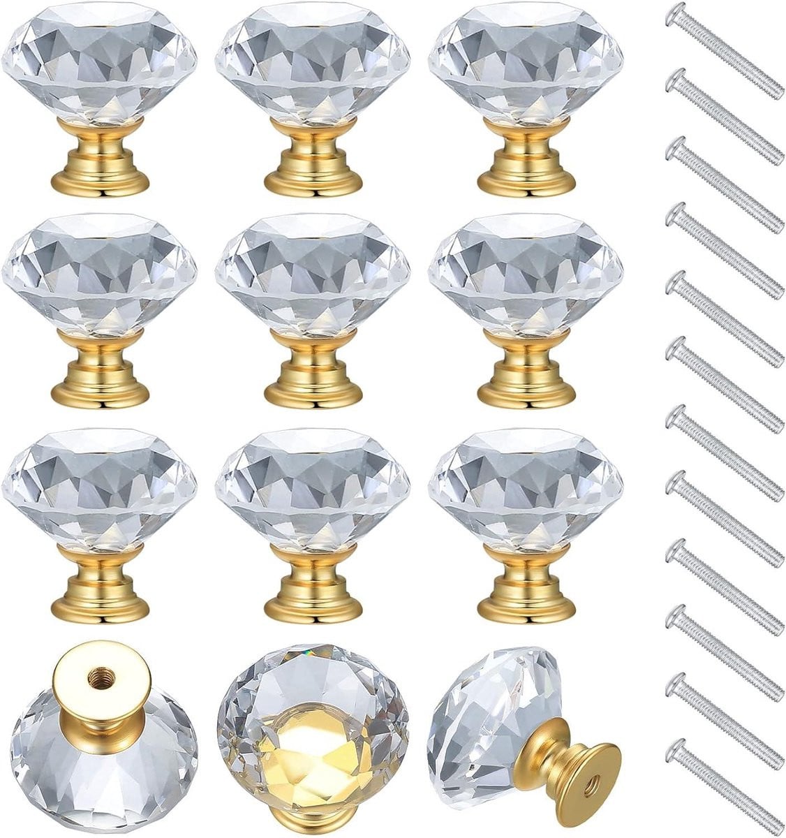 Set van 12 diamant geslepen kristallen ladeknoppen met goudkleurige handgrepen