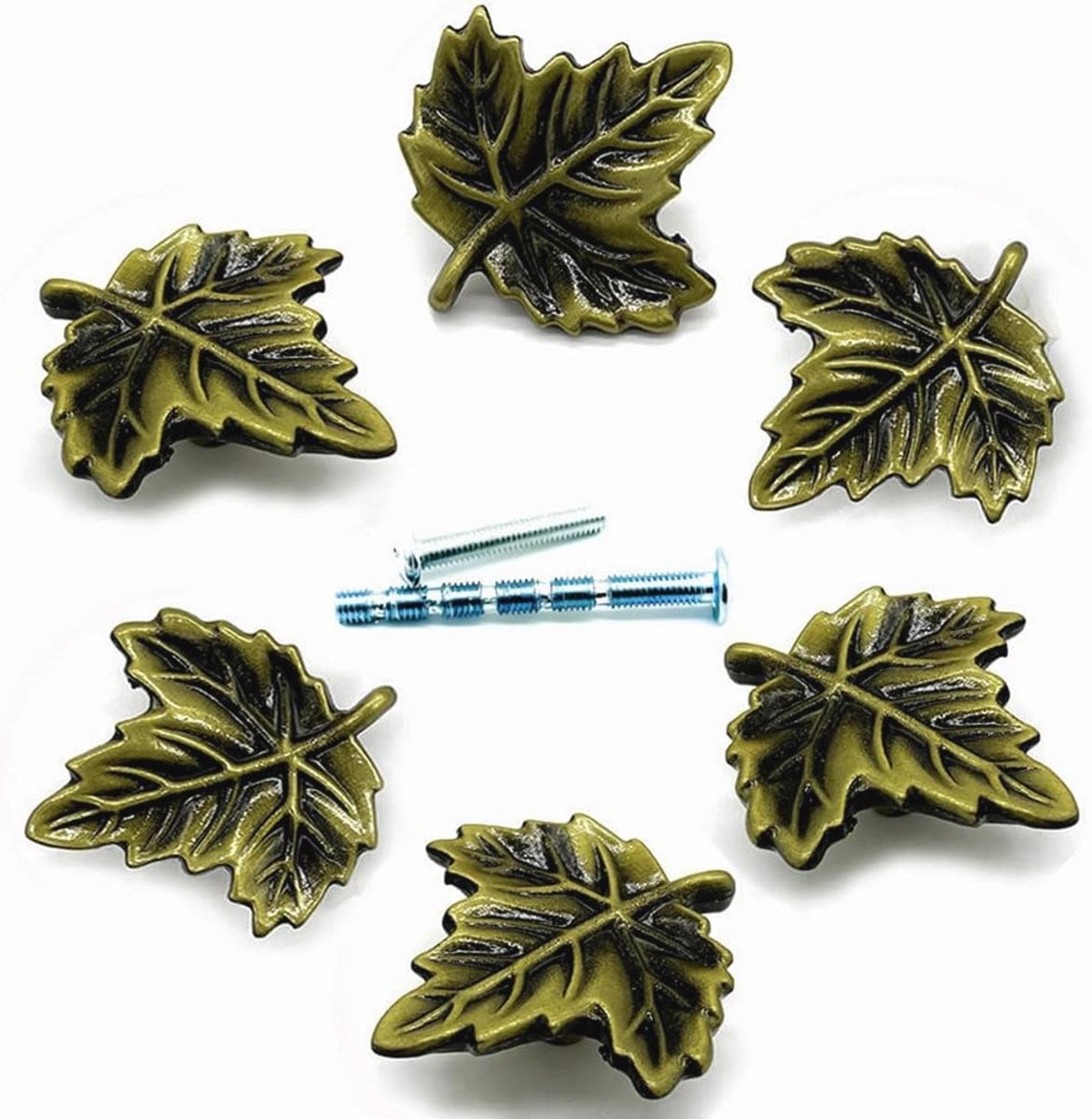 6 Stuks Bronzen Gebladerte Ladeknoppen - Antieke Kastknoppen voor Dressoirs en Meubels
