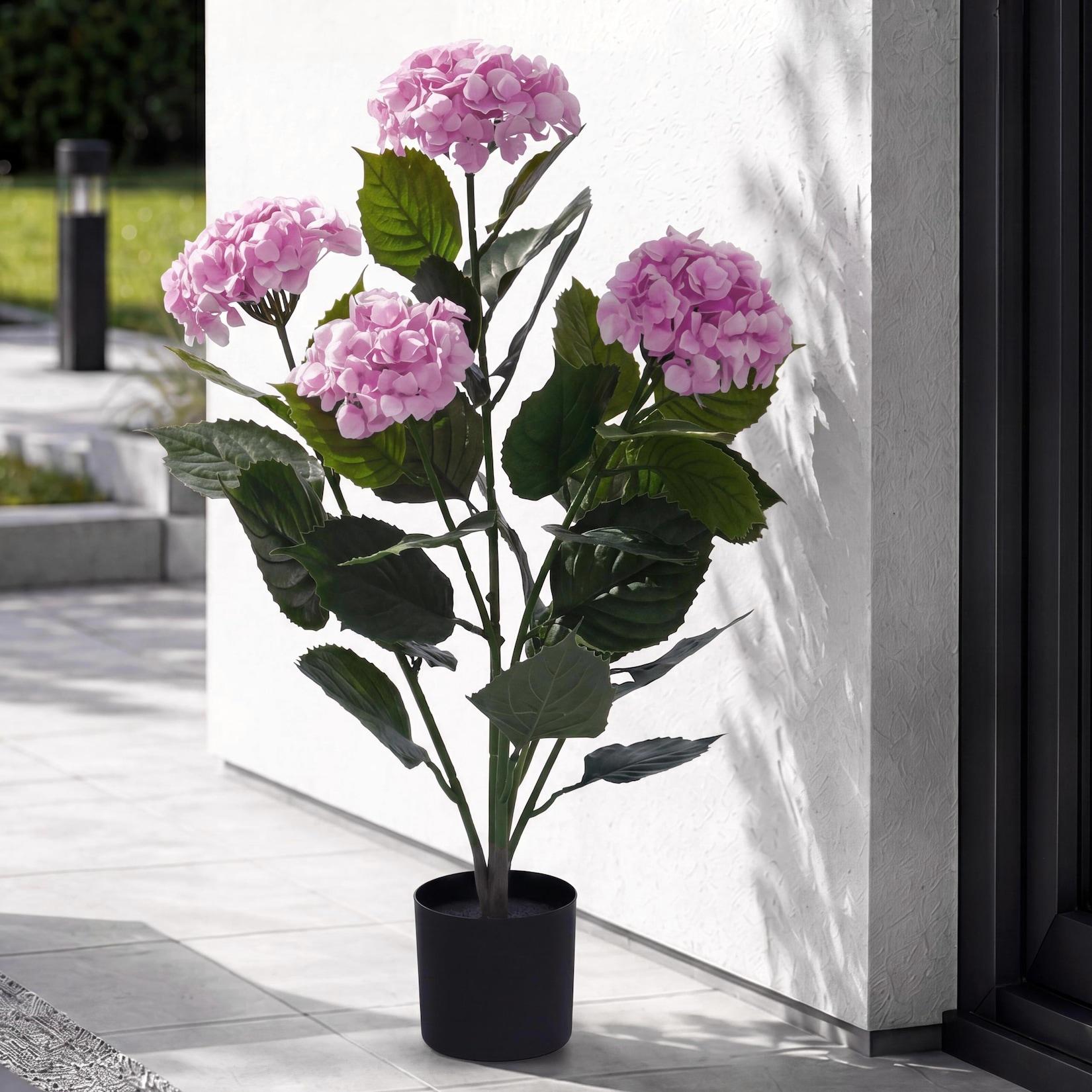 Künstliche Hortensie MCW-Q86, Dekopflanze Kunsthortensie Kunstpflanze, Outdoor Polyethylen 64x40x40cm ~ rosa