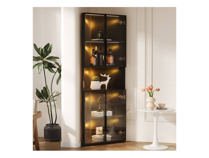 Fine Life Pro Vitrine Dreieckige Vitrine, Schwarz, mit Glasfront und LED 62x32x160 cm, offener Mittelbereich, für Sammlerstücke & Deko