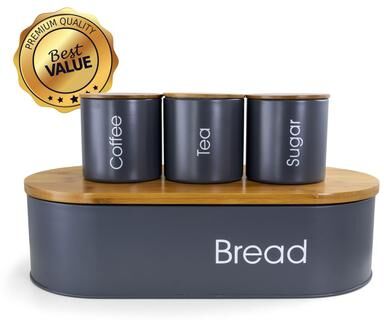 MegaChef 4 Piece Bamboo and Metal Bread Container and Can Storage Set in Gray with Lids