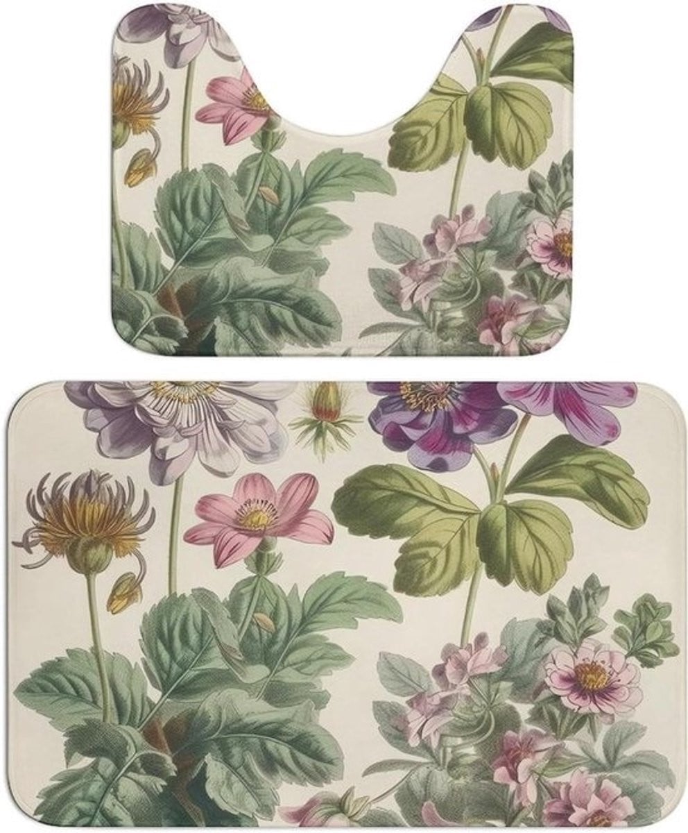 Set van 2 waterabsorberende badkamermatten van flanel met bloemenstijl