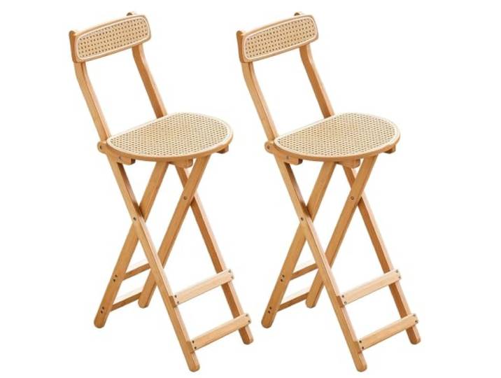 Klappbarer Barhocker aus Rattan, Holzklappstuhl mit Rückenlehne, 2er-Set Tragbare Esszimmerstühle, platzsparend, Massivholzrahmen, leicht zu reinigen, rutschfeste Polster, keine Montage(Wood,L)
