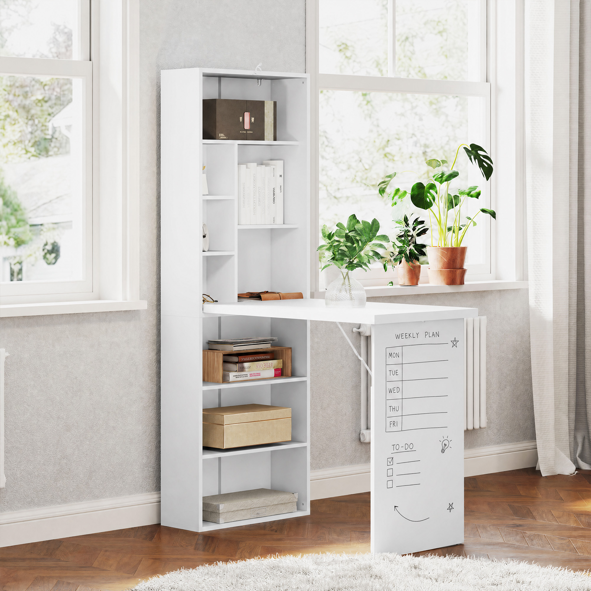Homcom Scrivania Moderna Pieghevole con Libreria e Lavagna, in Legno e Metallo, 98x51x153 cm, Bianco   Aosom Italy