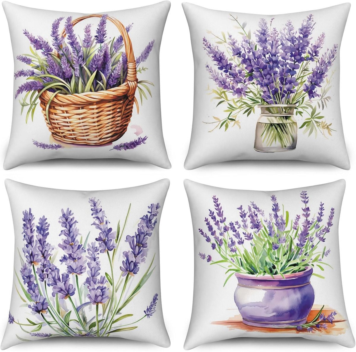 SnelShoppen Set van 4 Handgeschilderde Bloemenkussenslopen met Paarse Bloemen en Groene Bladeren, Polyester Vlas Textiel, 40 x 40 cm