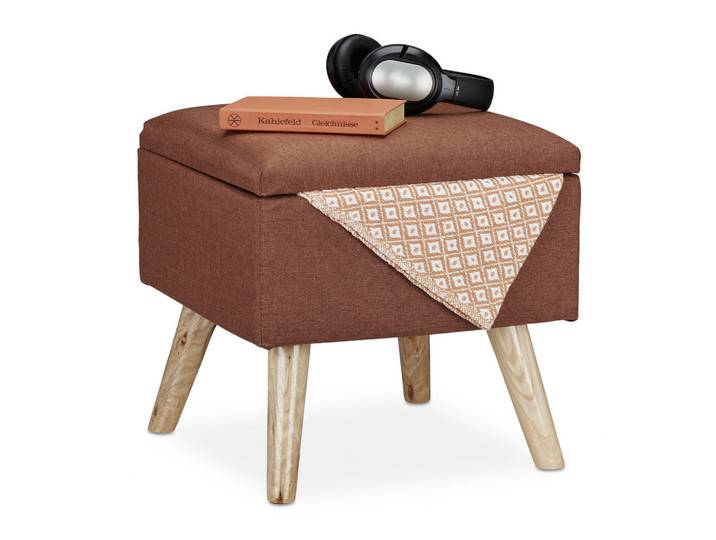 Relaxdays Hocker Braun Stauraum Holzbeine, Holzwerkstoff, Holz, Textil, 40x40x40 cm, Wohnzimmer, Sessel, Hocker, Sitzhocker