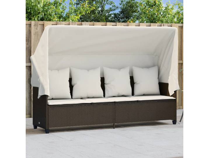 vidaXL Sonnenliege mit Dach und Kissen Braun Poly Rattan