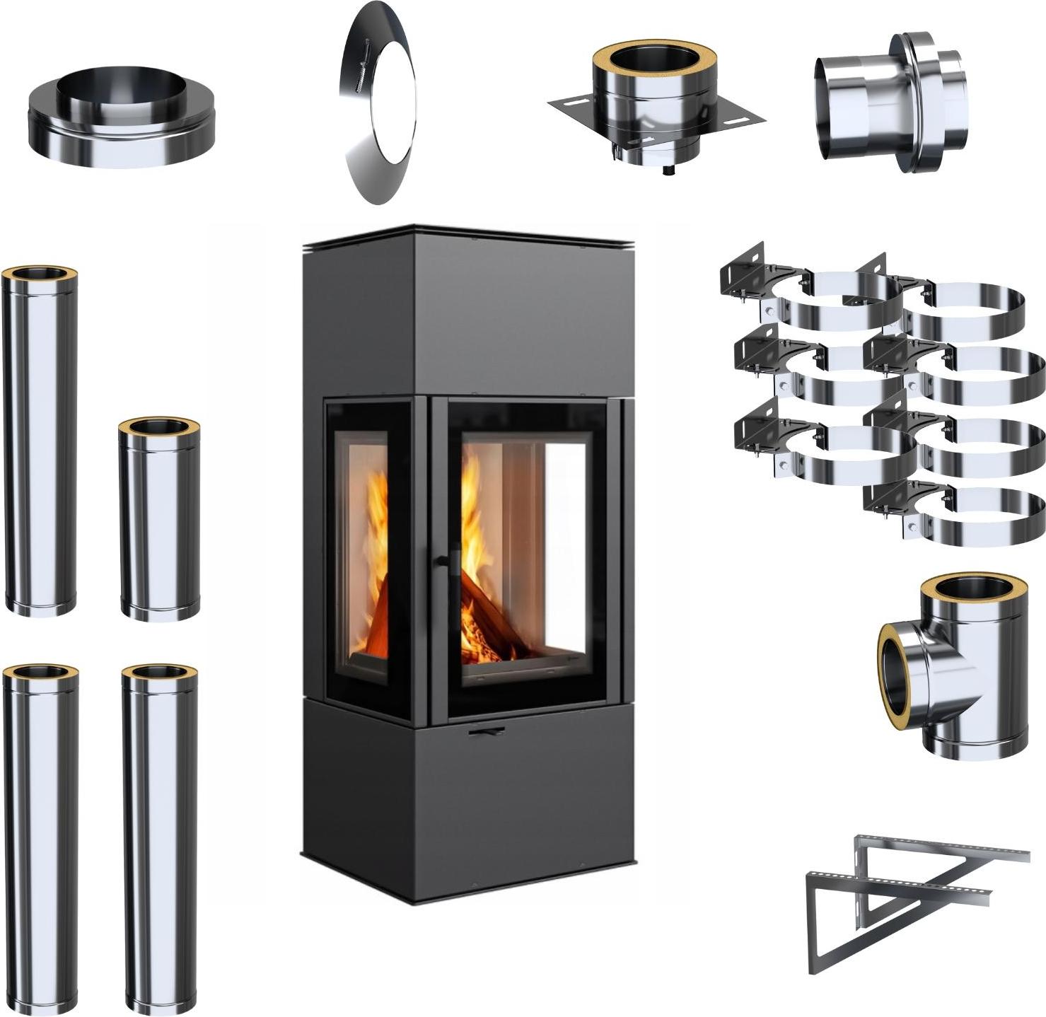 Freistehender Kaminofen KRATKI THOR VIEW 8kW Ø150 Externes Kaminset mit Türfeder