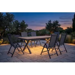 OUTFLEXX Luminara Garten-Essgruppe, anthrazit matt/natur, Alu / Holzimitat, 240 x 100 cm, 6 Klappstühle, Tischplatte mit LED-Beleuchtung