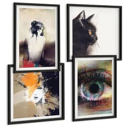 BILDER SET 4er Set - 50x50 cm & 40x60 cm Schwarzer Rahmen - Porträt einer Frau, Auge, Farben, Emotionen