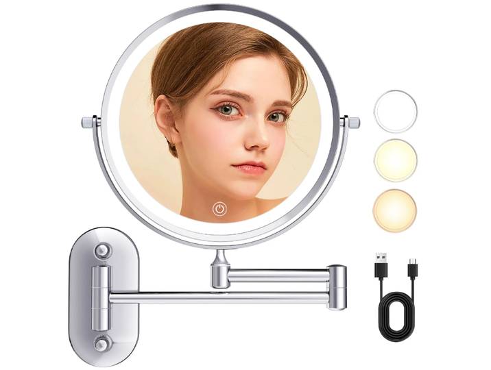 Miroir de maquillage mural de 8 pouces avec éclairage, miroir grossissant 10x à fixer au mur pour la coiffeuse, la salle de bain et le rasage