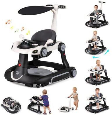 Costway 6-in-1 Baby Walker with Canopy Portable Activity Center Bouncer Rocker Combo with Music-White
