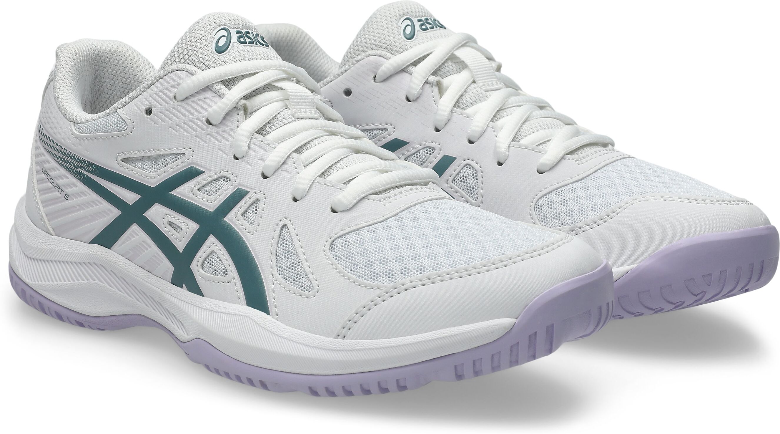 Hallenschuh ASICS "UPCOURT 6", Damen, Gr. 38, weiß, foggy teal, Synthetik, Schuhe Hallenschuh, besonders geeignet für Handball und Volleyball weiß, foggy teal 38