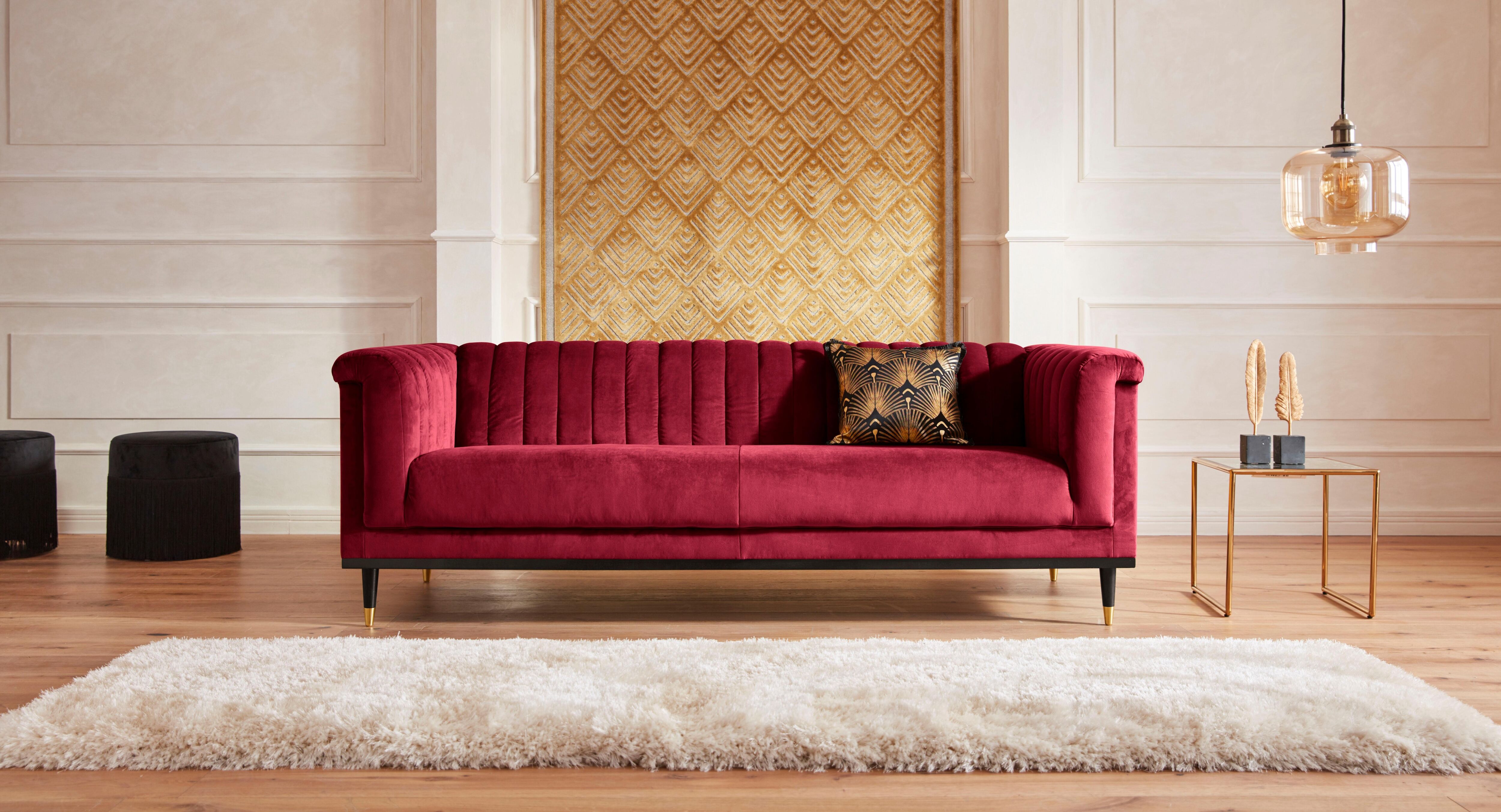 3-Sitzer HOME AFFAIRE "Chamby", rot, B:210cm H:71cm T:85cm, Luxus-Microfaser Lederoptik (100% Polyester), Scheuertouren: 40.000, Pilling: 4;Samtoptik (100% Polyester), Scheuertouren >100.000, Pilling: 5, Sofas, 3-Sitzer, mit Holzrahmen unten und Steppung 