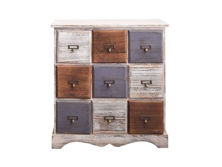 Commode effet vieilli avec 9 tiroirs en bois blanc brun et gris