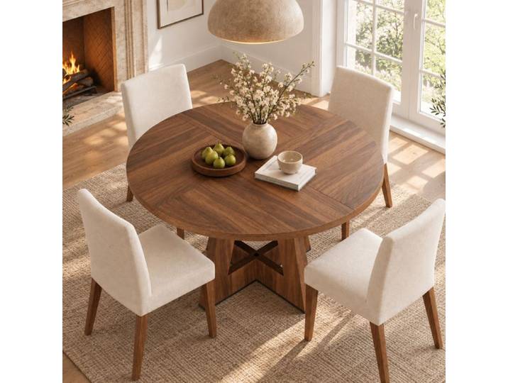 Luscriate - Table à manger ronde 120x120x75 cm plateau épais design scandinave pour 4 à 6 personnes - Noyer