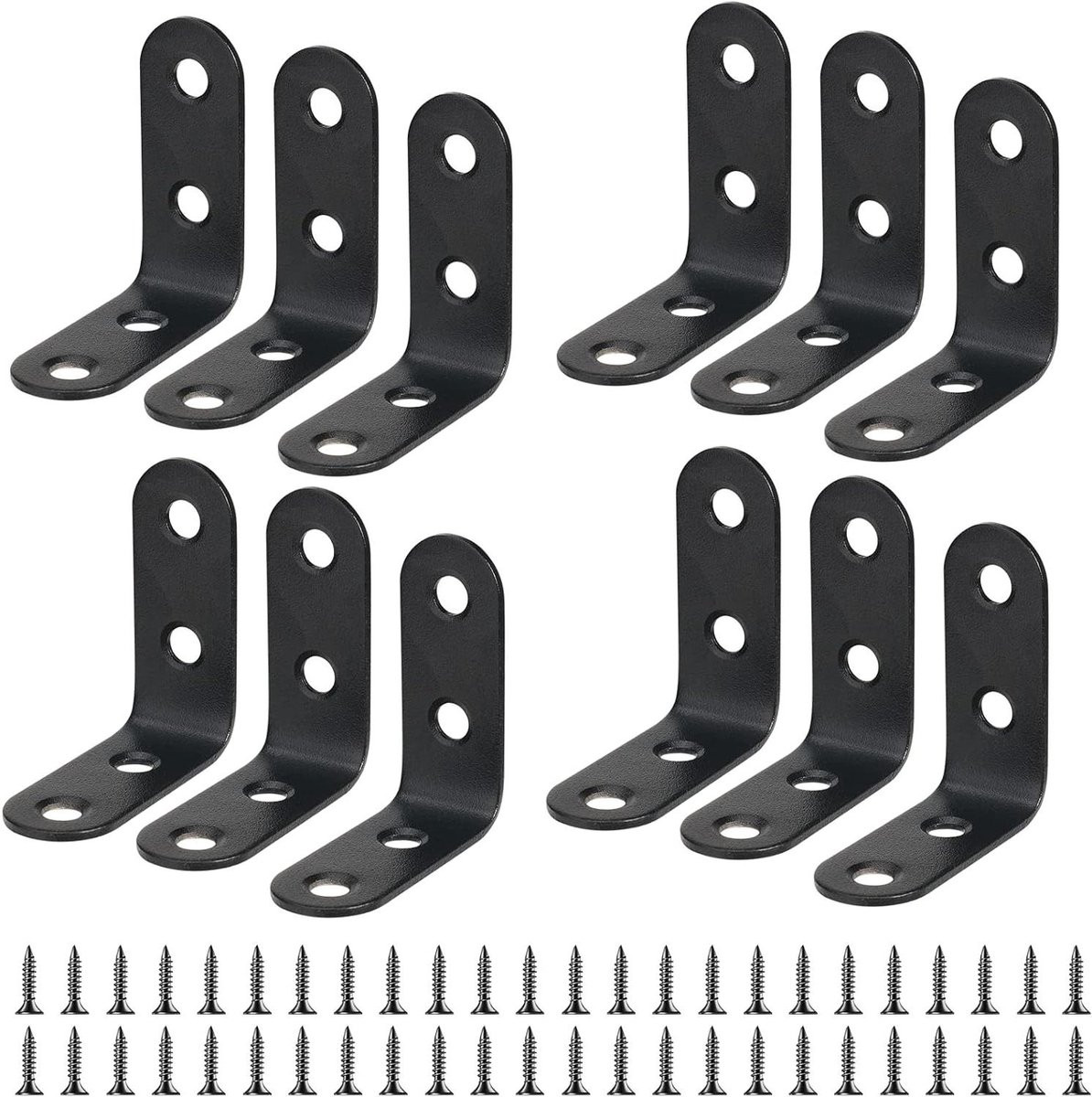 Set van 12 zwarte L-vormige hoekverbinders van metaal voor montage van tafels, stoelen en boekenplanken