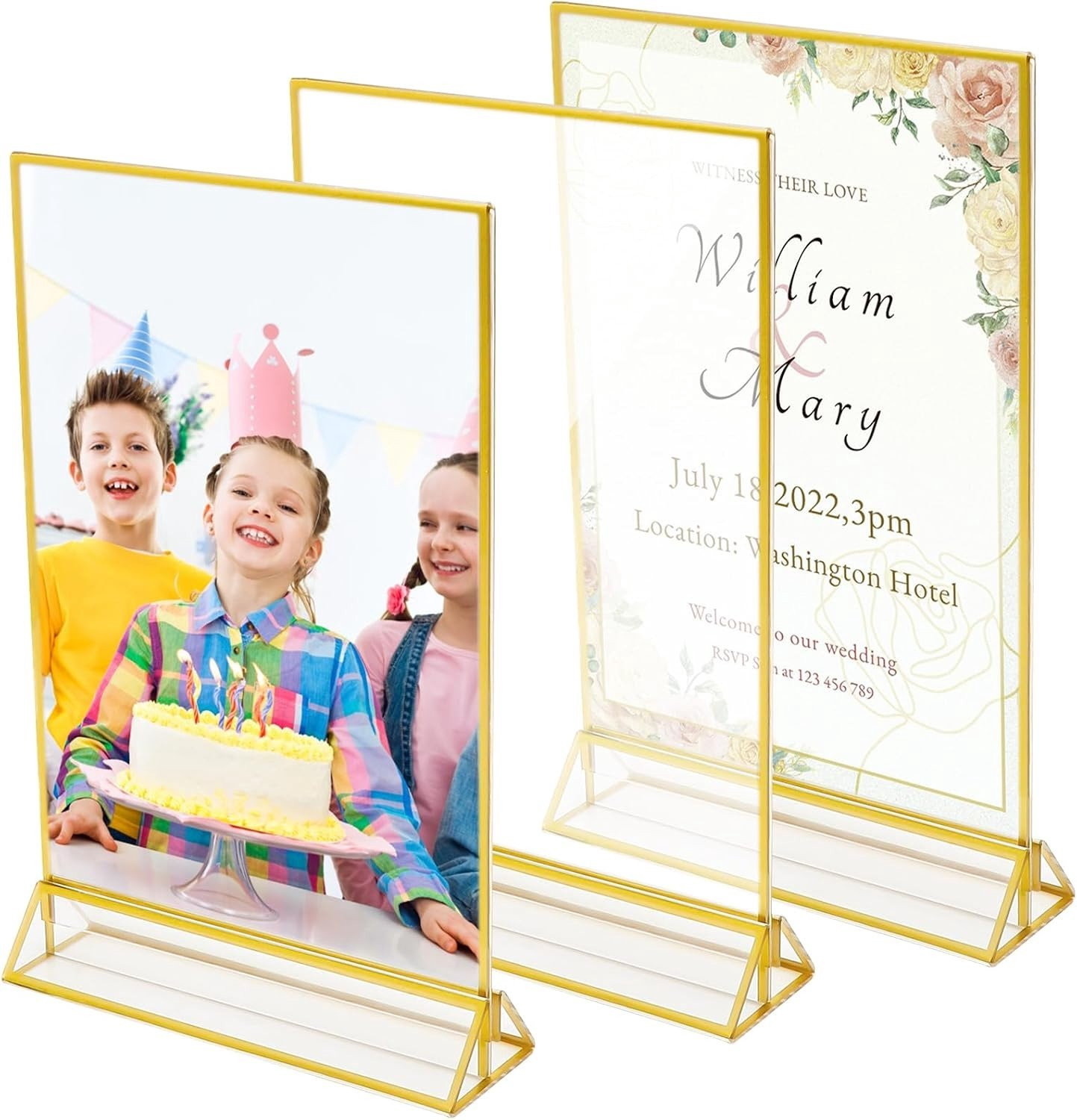 Set van 3 gouden acryl fotolijsten A5 - Tafelkaart houders voor restaurant menu's, bruiloft tafelnummering en welkomstborden