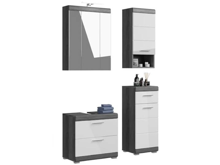 Lomadox Badezimmermöbel Set 4-teilig Badezimmerschrank Waschbeckenunterschrank Kommode Spiegelschrank in Hochglanz weiß mit grau