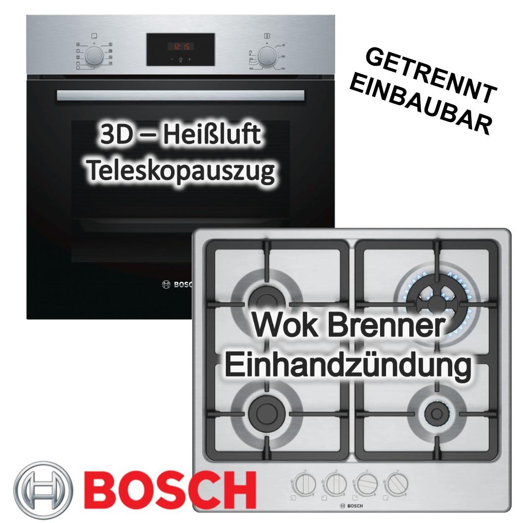 Bosch Herdset 3D Heißluft 7 Heizarten Teleskopauszug +Gaskochfeld Wok Brenner Zündsicherung Edelstahl