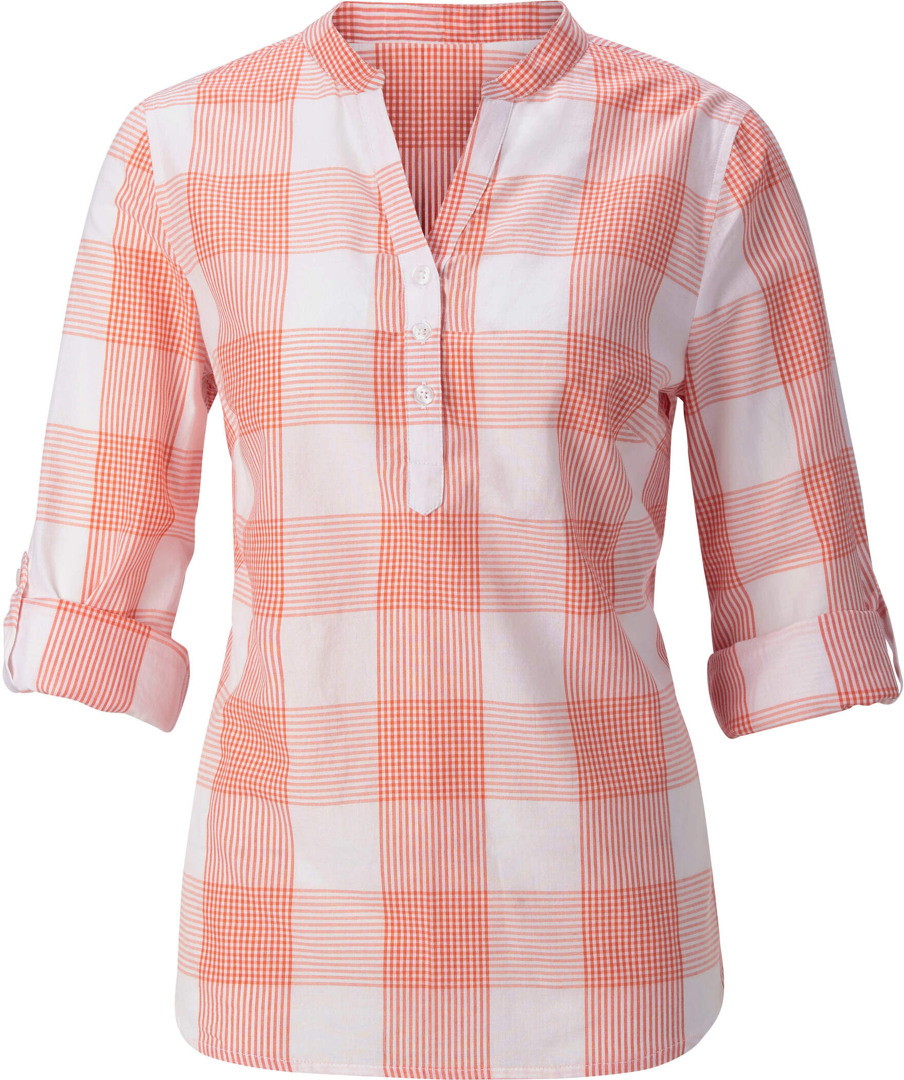 Shirtbluse WITT "Bluse Baumwollbluse mit Stehkragen, kariert", Damen, Gr. 44, lachs, weiß, kariert, Batist, , Sportlich, V-Ausschnitt, Blusen Shirtbluse