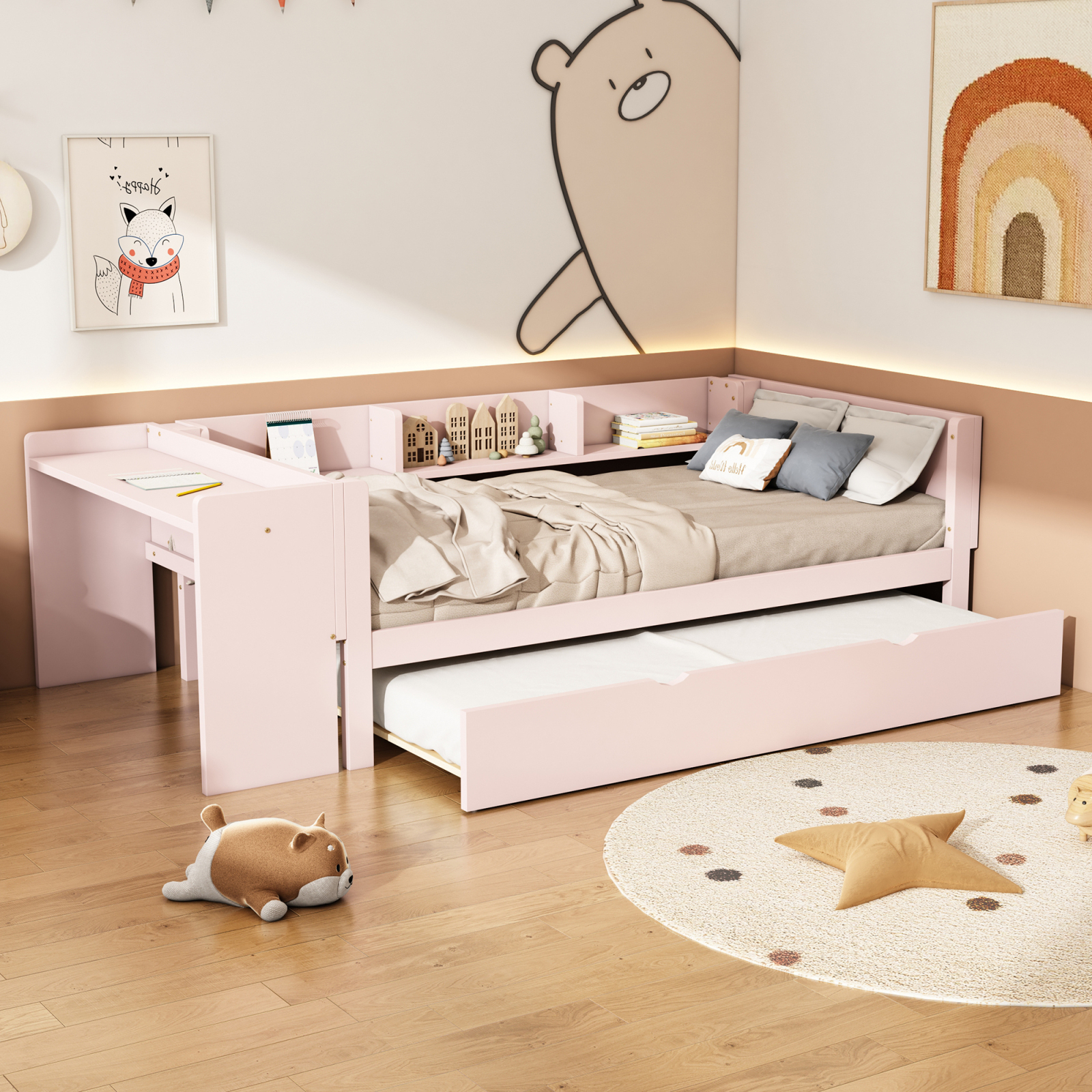 Fortuna Lai Kinderbett 90 x 200cm mit Ausziehbarem Bett und Schreibtisch, Einzelbett mit Regal, Gästebett Holzbett mit Lattenrost, Jugendbett Kinderbett, Rosa