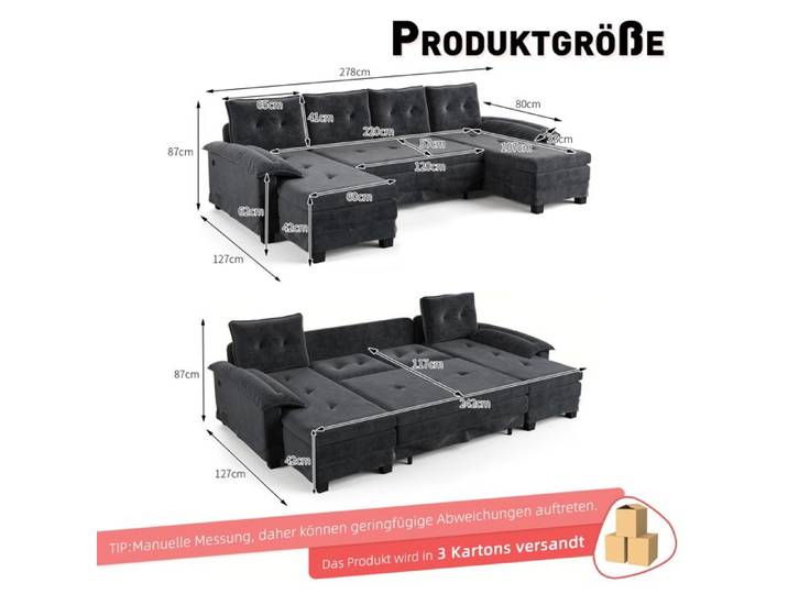 Canapé-lit - ZEVKOR - Canapé modulable en U - Couchage extractible - Port USB - Chenille gris