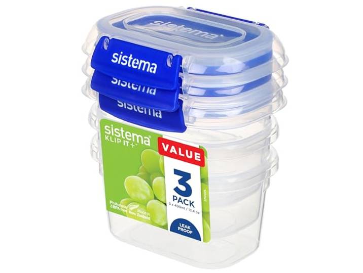 Sistema KLIP IT PLUS voedselbewaardozen, 400 ml, 3-delige luchtdichte containerset, lekvrije afdichting, eenvoudige vergrendelingsclips, BPA-vrij