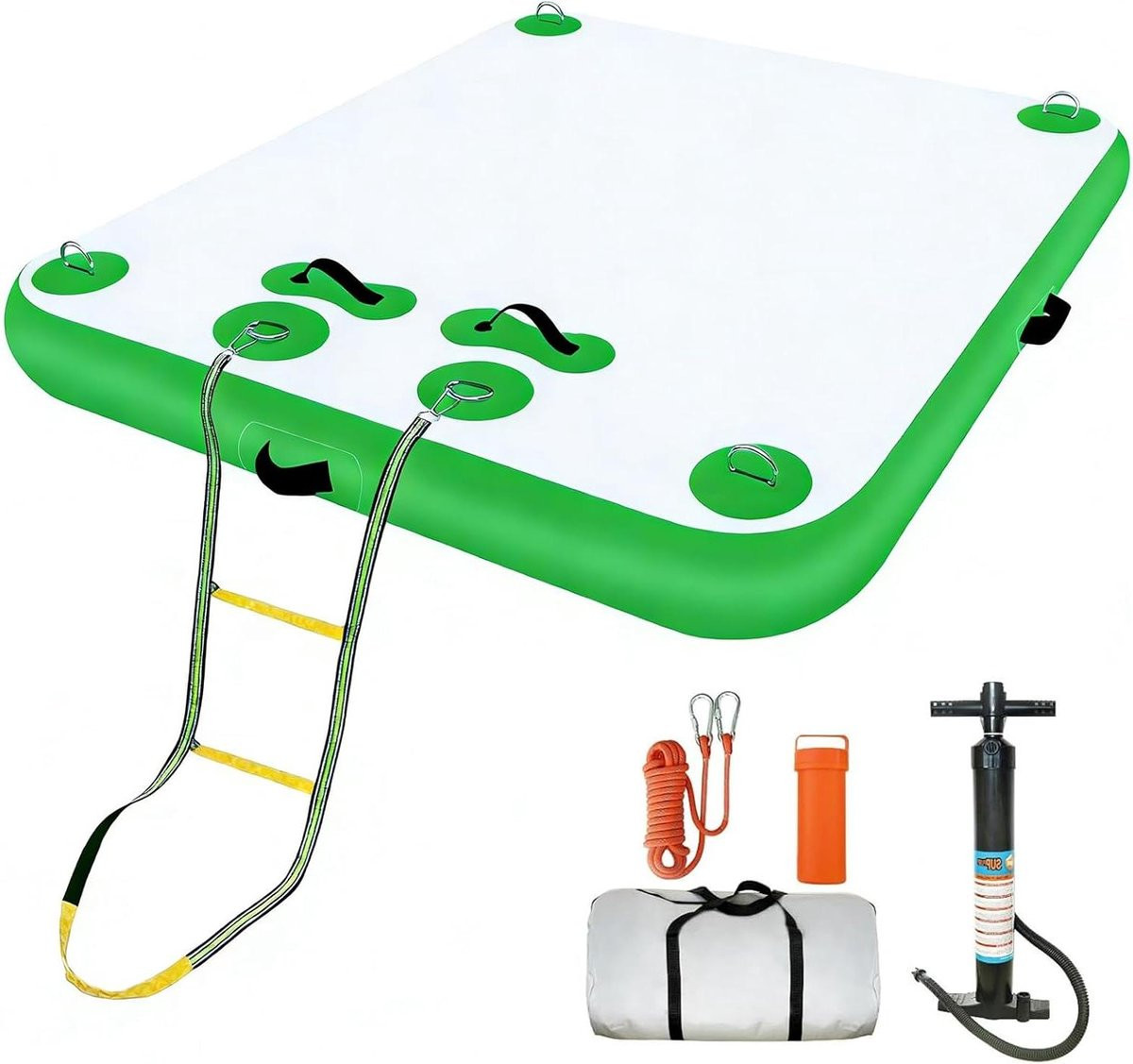 Groen Opblaasbaar Drijvend Dok met Touwladder - Zwemplatform voor Ontspanning en Waterplezier - 1,5 x 1,8 m