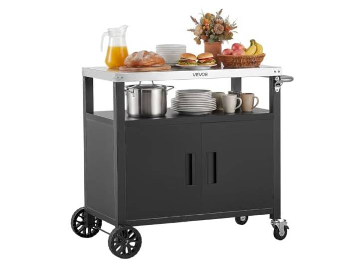 VEVOR Desserte Plancha Extérieure 92\,4 cm\, Chariot de Barbecue avec Plateau en INOX et Placard\, pour BBQ Jardin Terrasse\, Plan de Travail Mobile pour Cuisine d'Été\, Table de Barbecue avec roulettes