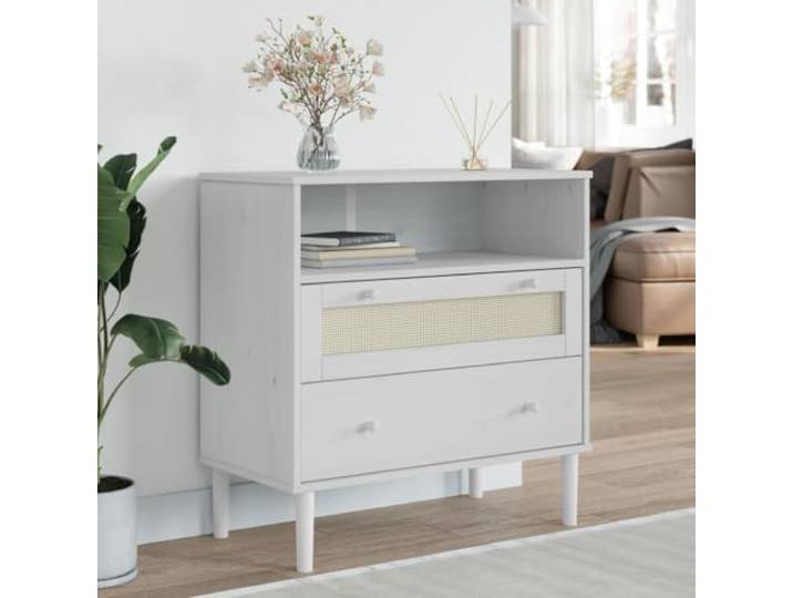 Jkghdrt Sideboard SENJA Rattan-Optik Weiß 80x40x80 cm Kiefernholz Massives Kiefernholz, Poly Rattan Front, 2 Schubladen, 1 Fach, UV-Lackierung, Mid-Century Design