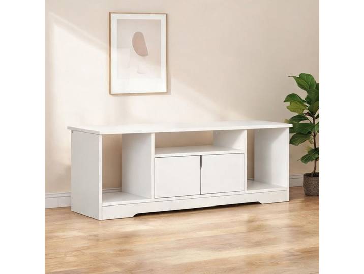 Meuble TV compact 120 cm blanc 3 niches et placard style contemporain
