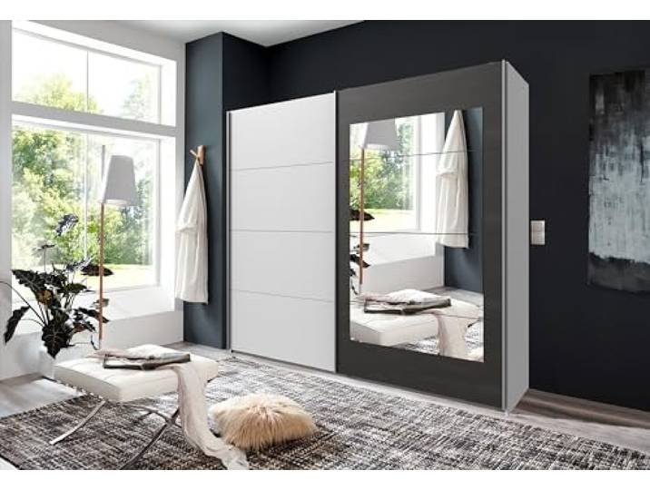 möbelando Schwebetürenschrank >Minden< in Weiss + RAW Steel - 225x208x65cm (BxHxT)