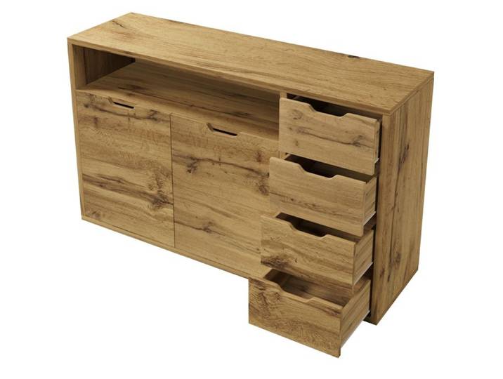 Buffet enfilade aspect chêne - 150 x 40 x 90 cm - 2 portes 4 tiroirs et niche ouverte